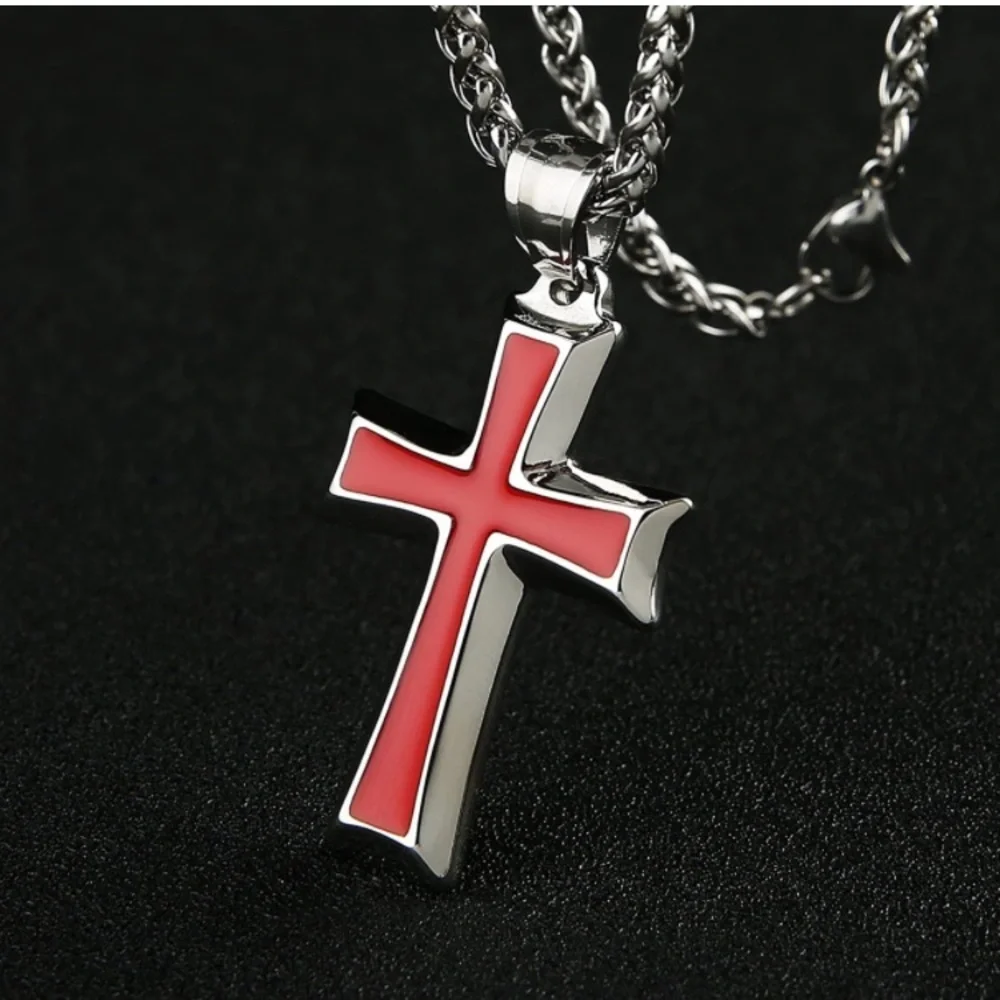 Silver & Red-Men's Stainless Steel Cross Pendant Necklace